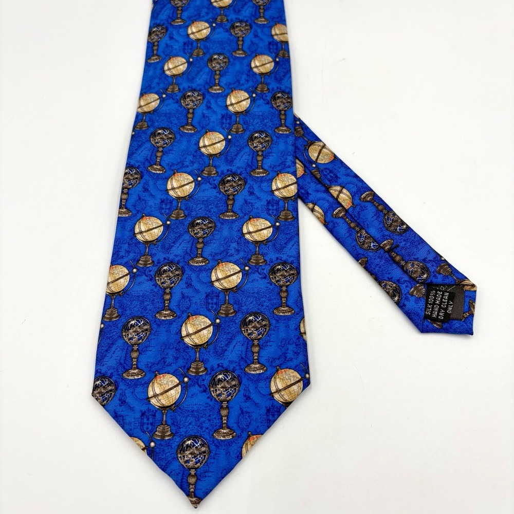 Fox & Chave Men's 100% Silk Tie Blue Globes Hand Made National Maritime Museum